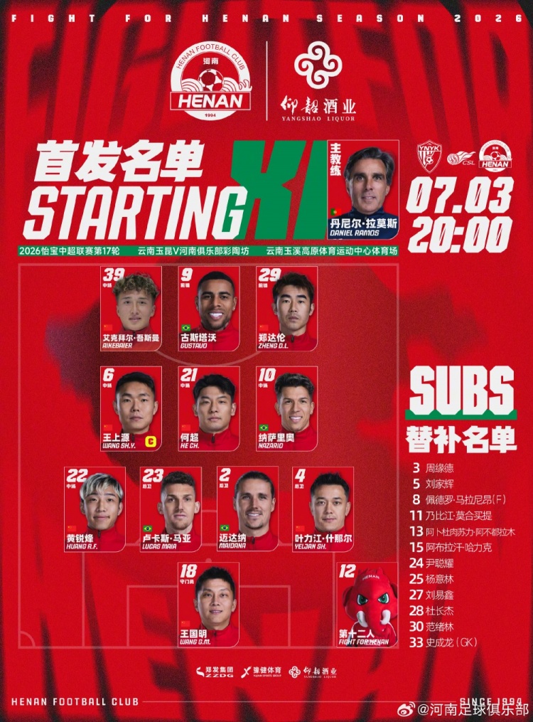 云南玉昆首发变阵4-3-3 穆谢奎携三外援强攻河南