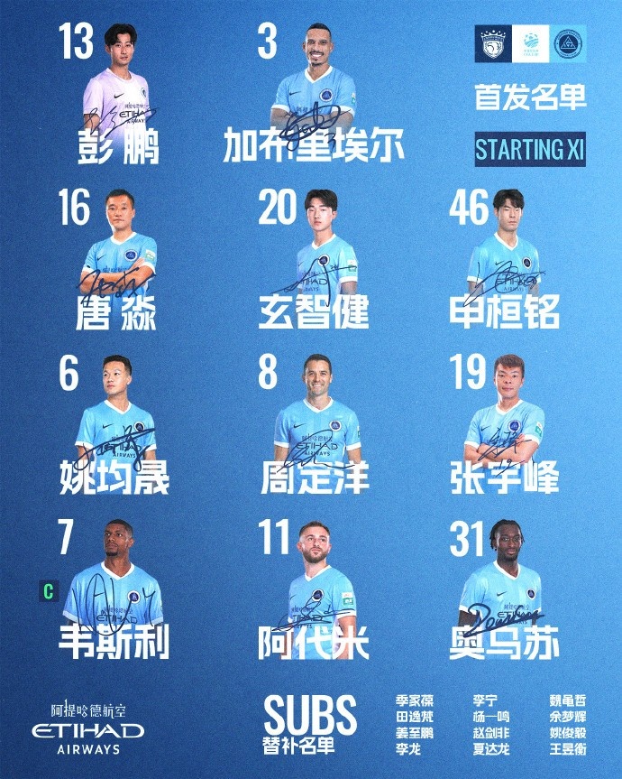 深圳新鹏城客战海港首发：韦斯利队长，加布里埃尔+姚均晟出战