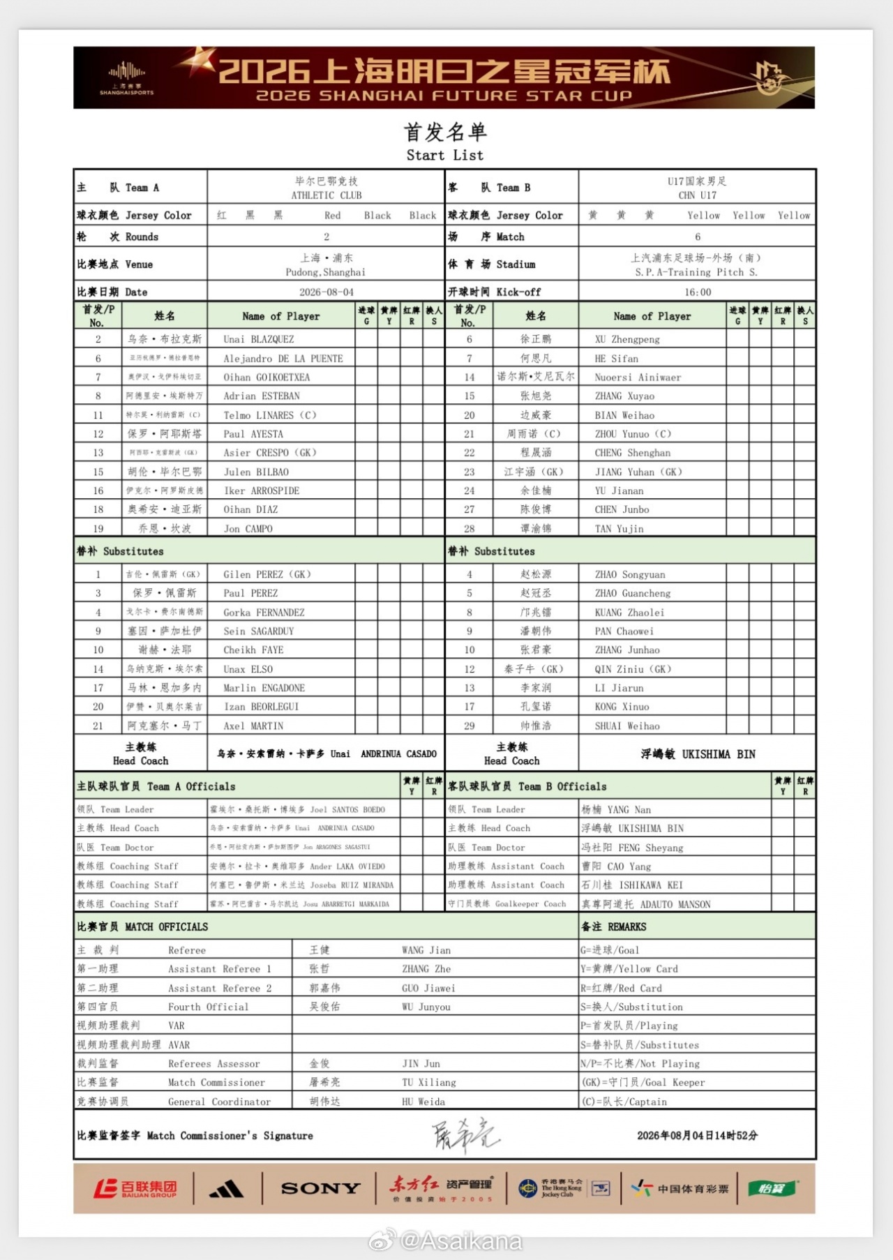 中国U17对阵毕尔巴鄂首发公布 大轮换仅保留周雨诺 中国U17对阵毕尔巴鄂首发公布 大轮换仅保留周雨诺